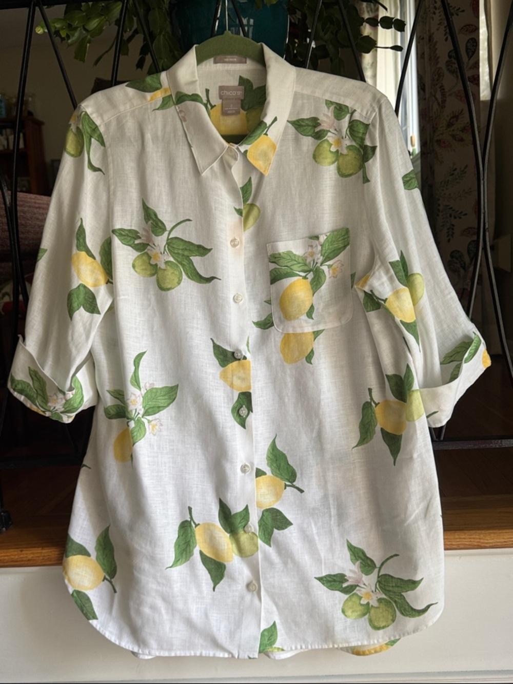 Chico's White Linen Shirt with Yellow Lemon Print